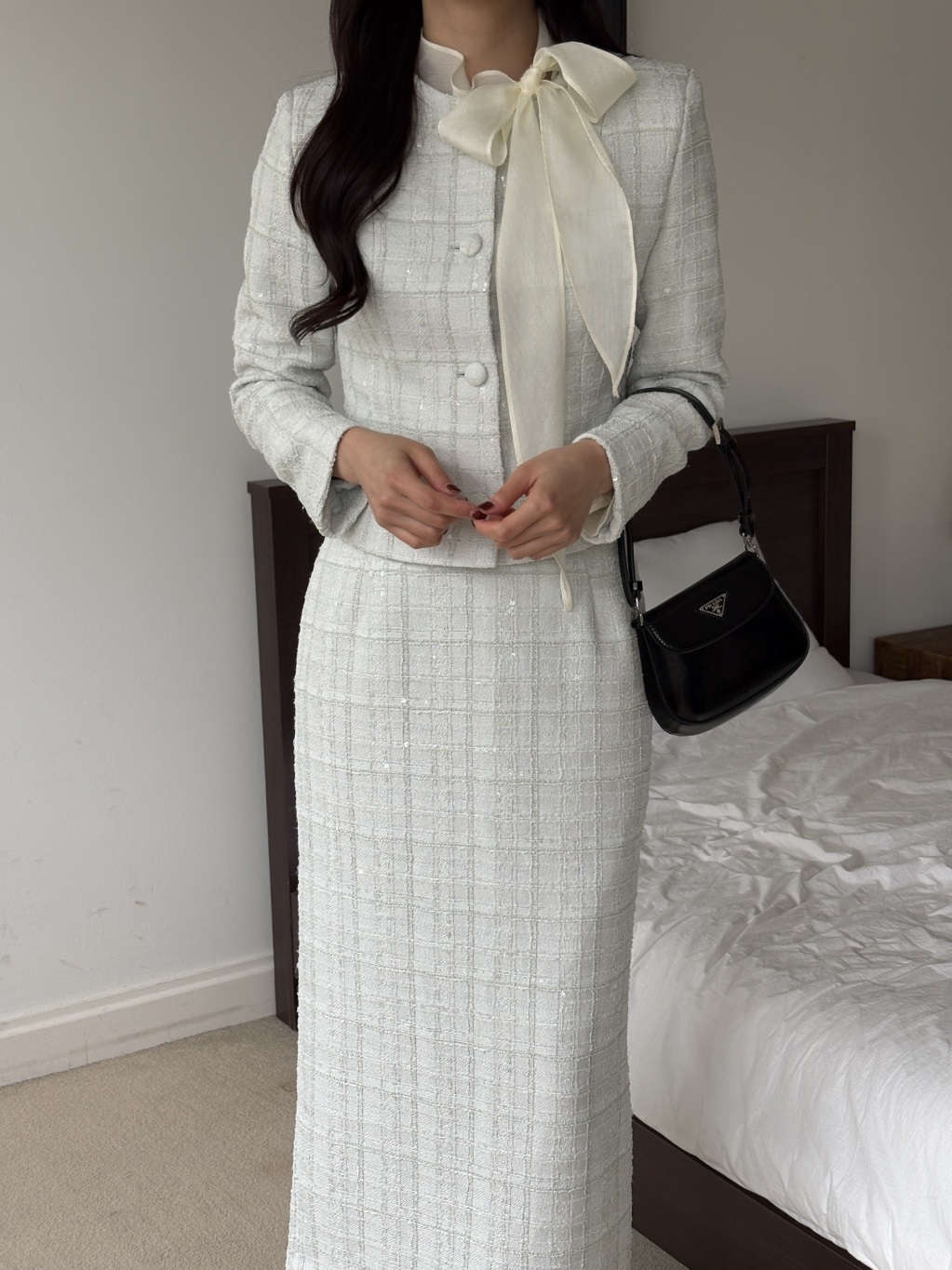 ツイードスパンコールラウンドネックノーカラースリット肩パッドロングセットアップスカートジャケット | 詳細画像18