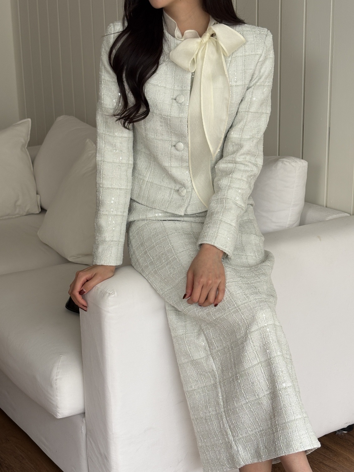 ツイードスパンコールラウンドネックノーカラー肩パッドジャケット | 詳細画像4