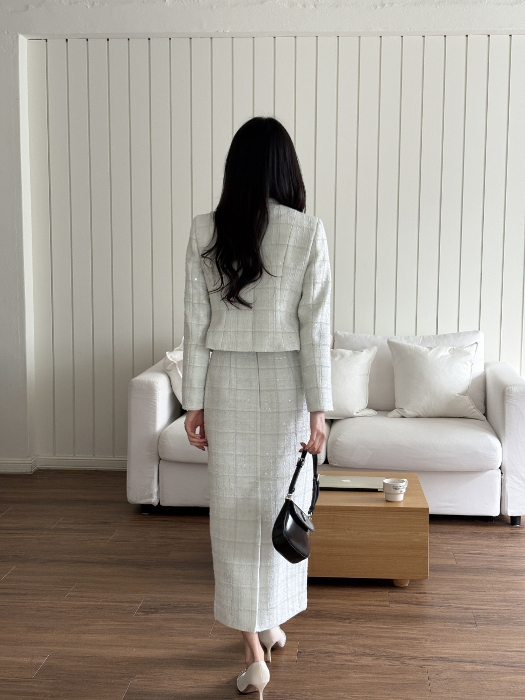 ツイードスパンコールラウンドネックノーカラー肩パッドジャケット | 詳細画像6