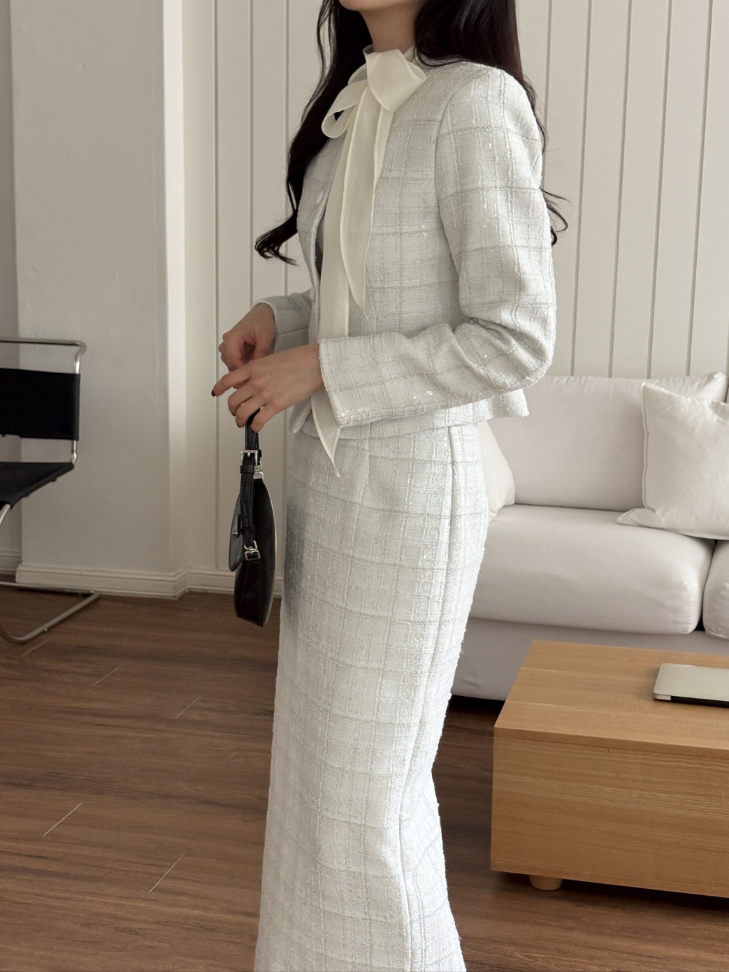 ツイードスパンコールラウンドネックノーカラー肩パッドジャケット | 詳細画像7