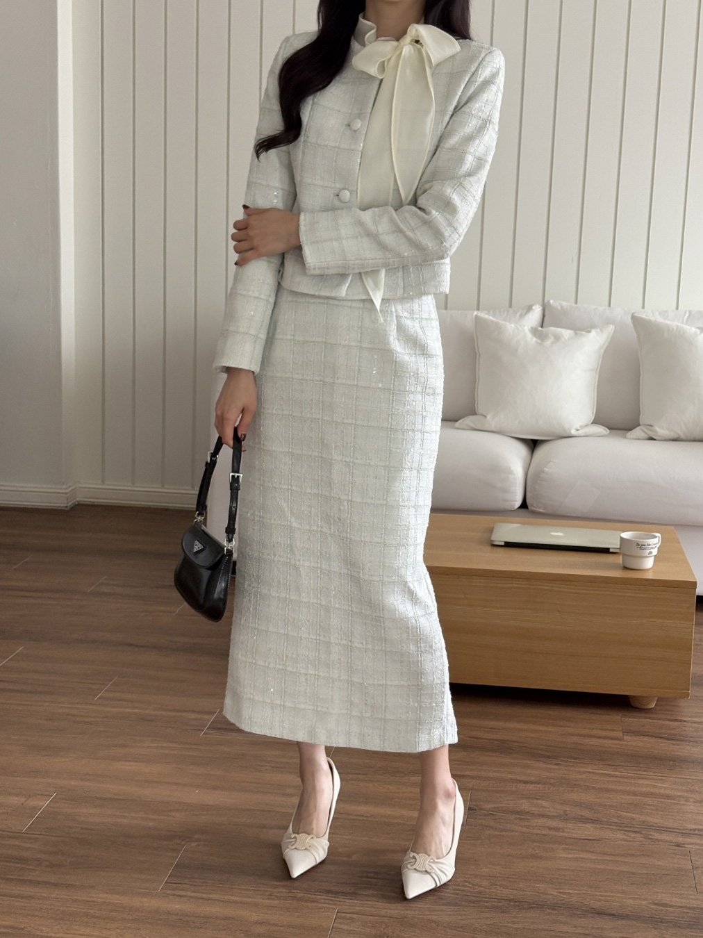 ツイードスパンコールラウンドネックノーカラー肩パッドジャケット | 詳細画像9