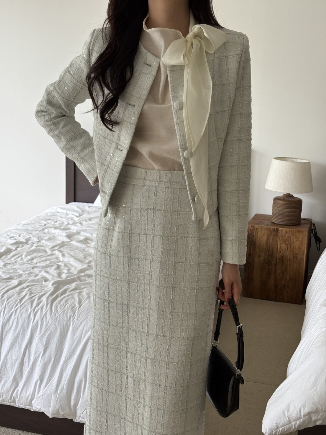 ツイードスパンコールラウンドネックノーカラー肩パッドジャケット | 詳細画像12