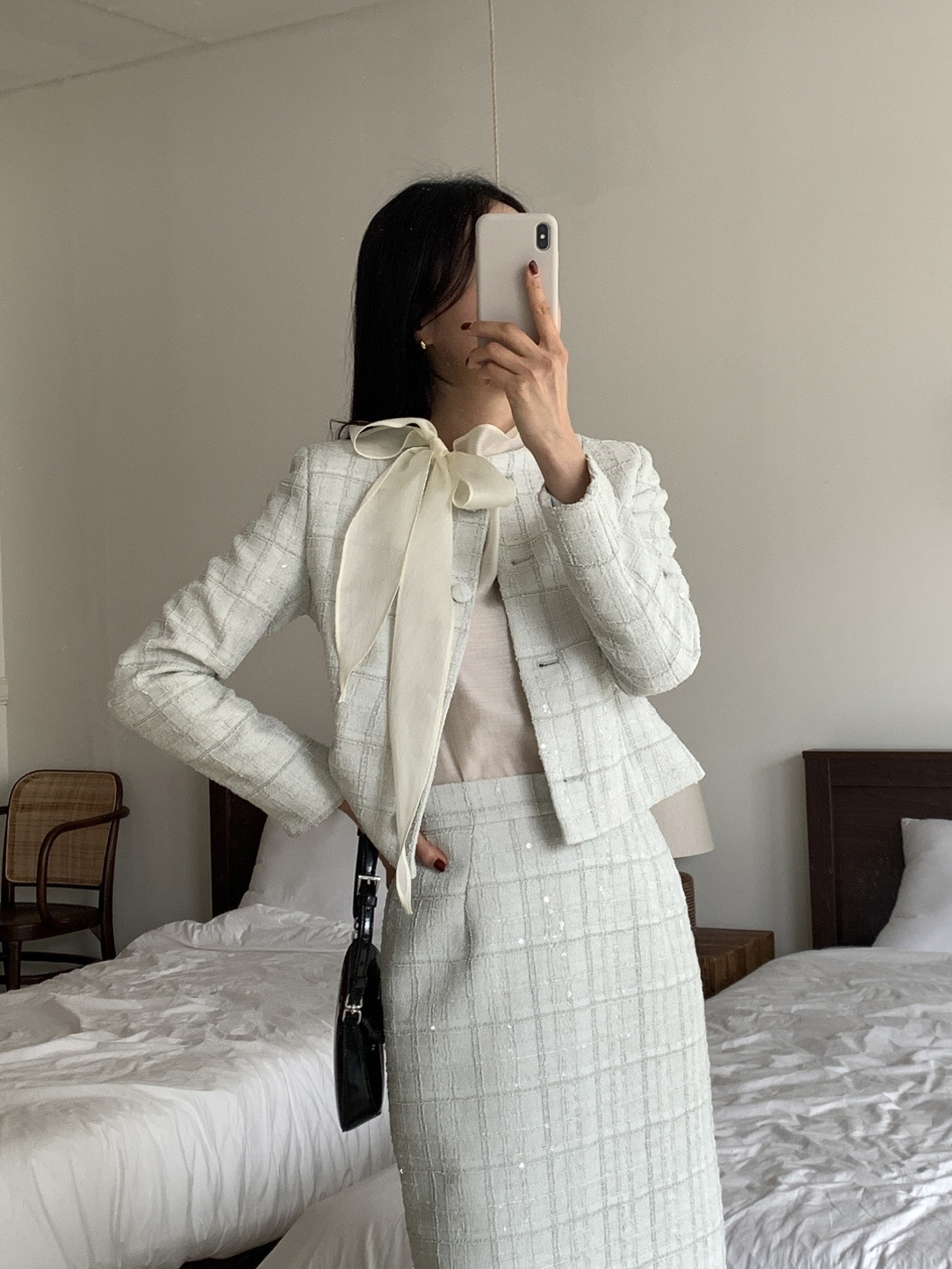 ツイードスパンコールラウンドネックノーカラー肩パッドジャケット | 詳細画像16