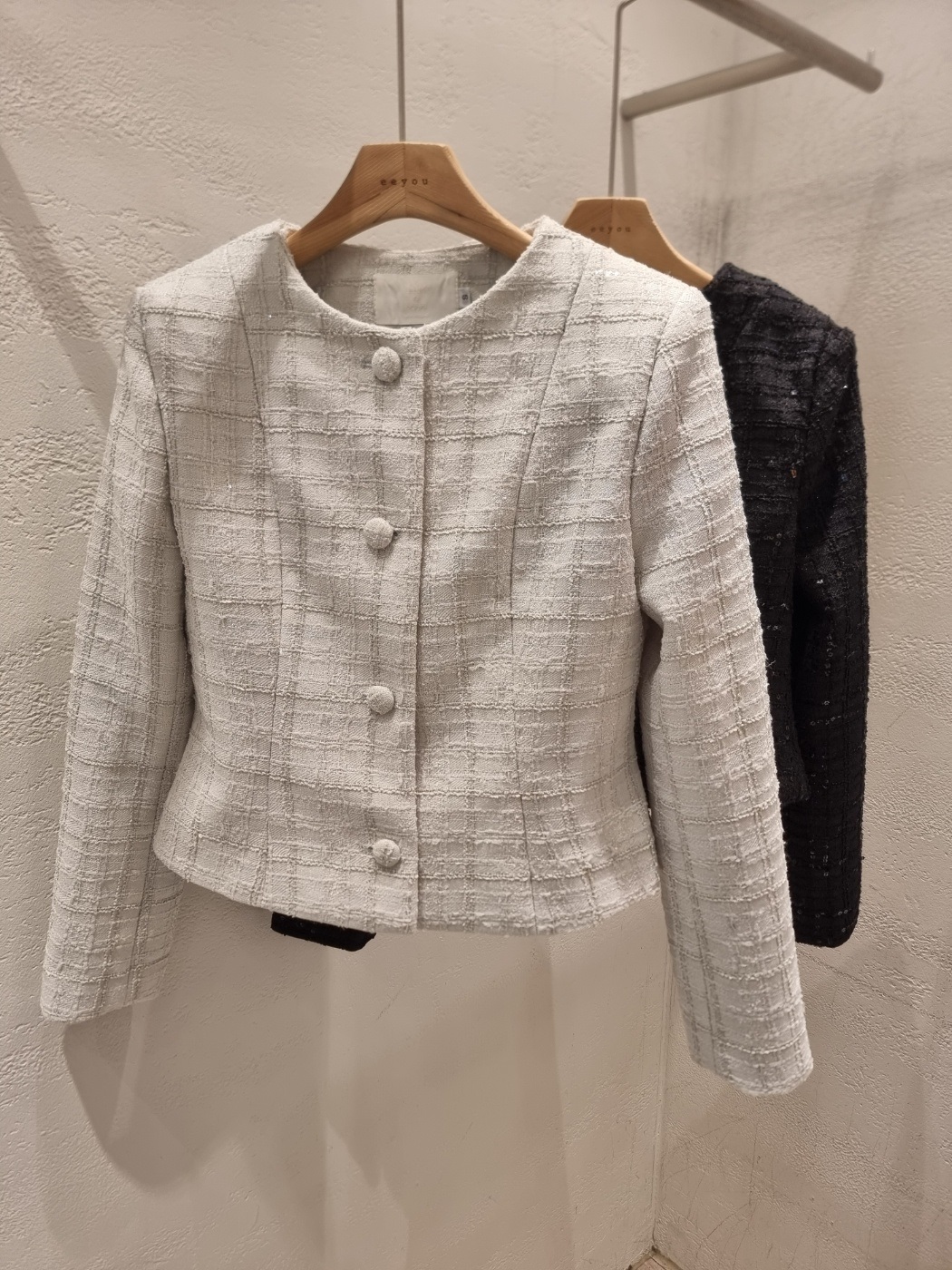 ツイードスパンコールラウンドネックノーカラー肩パッドジャケット | 詳細画像18