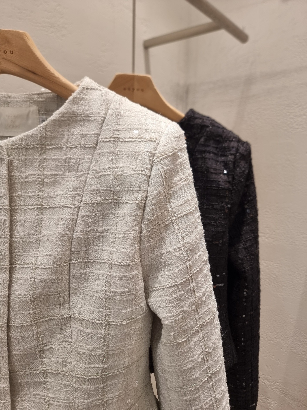 ツイードスパンコールラウンドネックノーカラー肩パッドジャケット | 詳細画像19