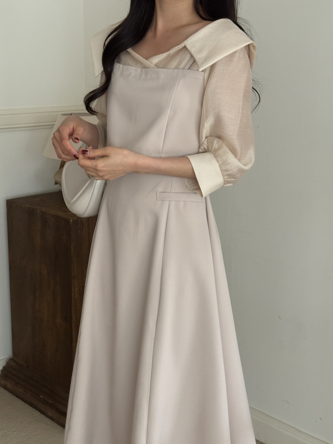 オープンカラーレイヤード風ロング7分袖フレアフェイクポケットワンピース | 詳細画像2