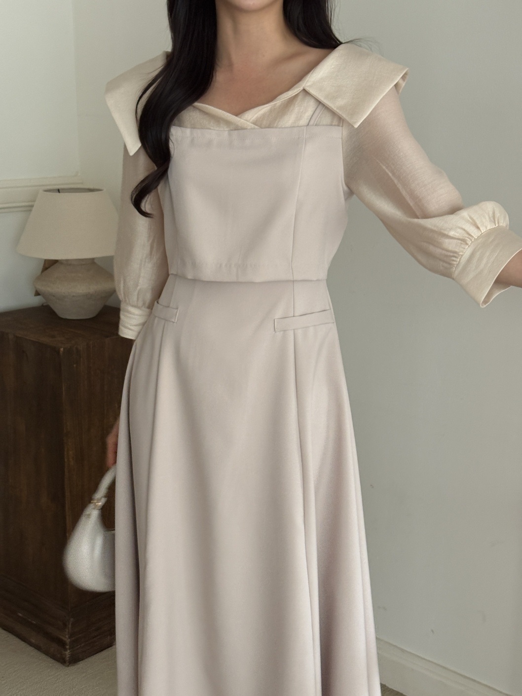 オープンカラーレイヤード風ロング7分袖フレアフェイクポケットワンピース | 詳細画像3