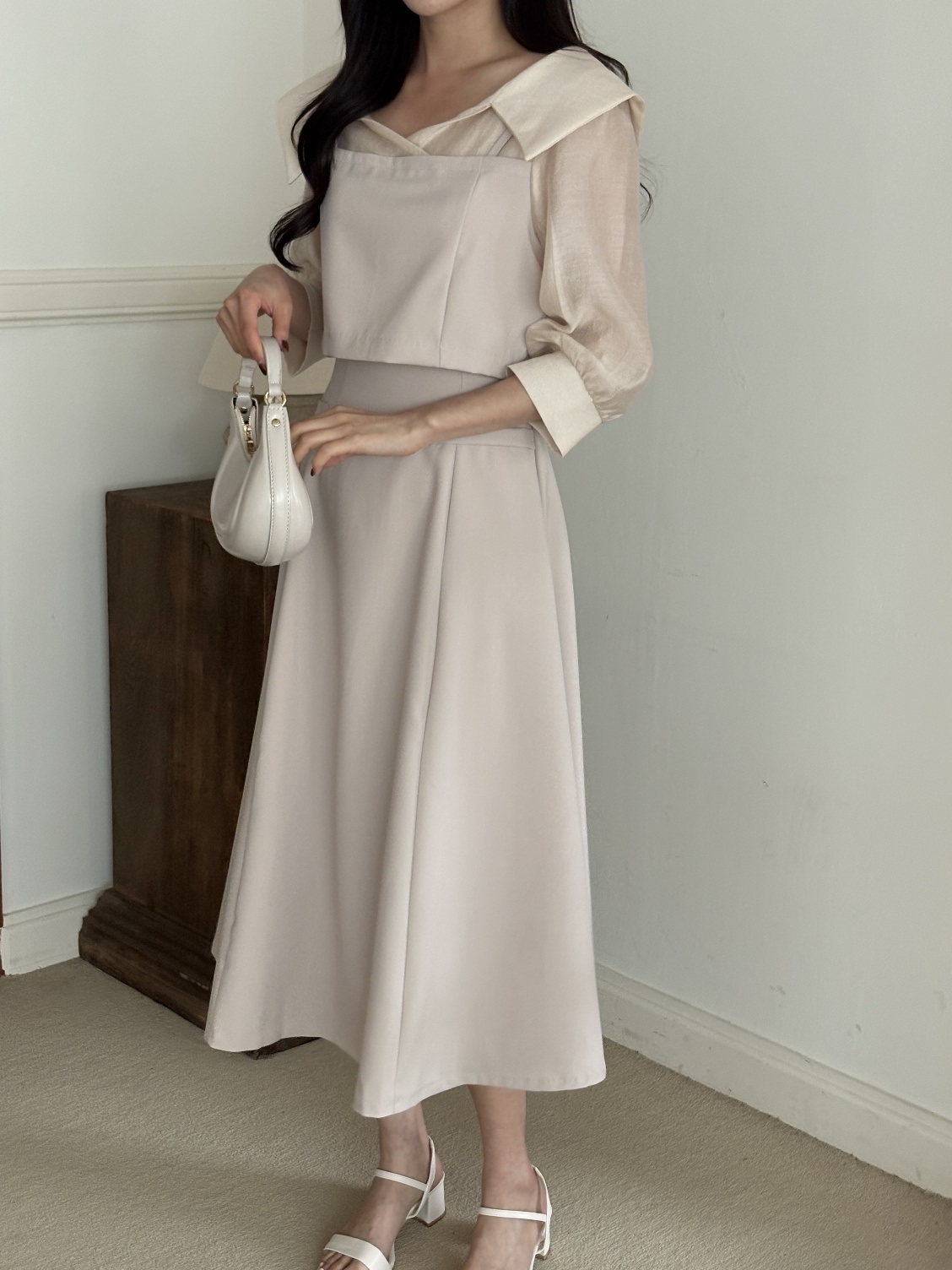 オープンカラーレイヤード風ロング7分袖フレアフェイクポケットワンピース | 詳細画像4