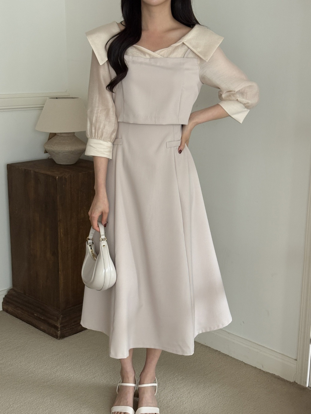 オープンカラーレイヤード風ロング7分袖フレアフェイクポケットワンピース | 詳細画像5