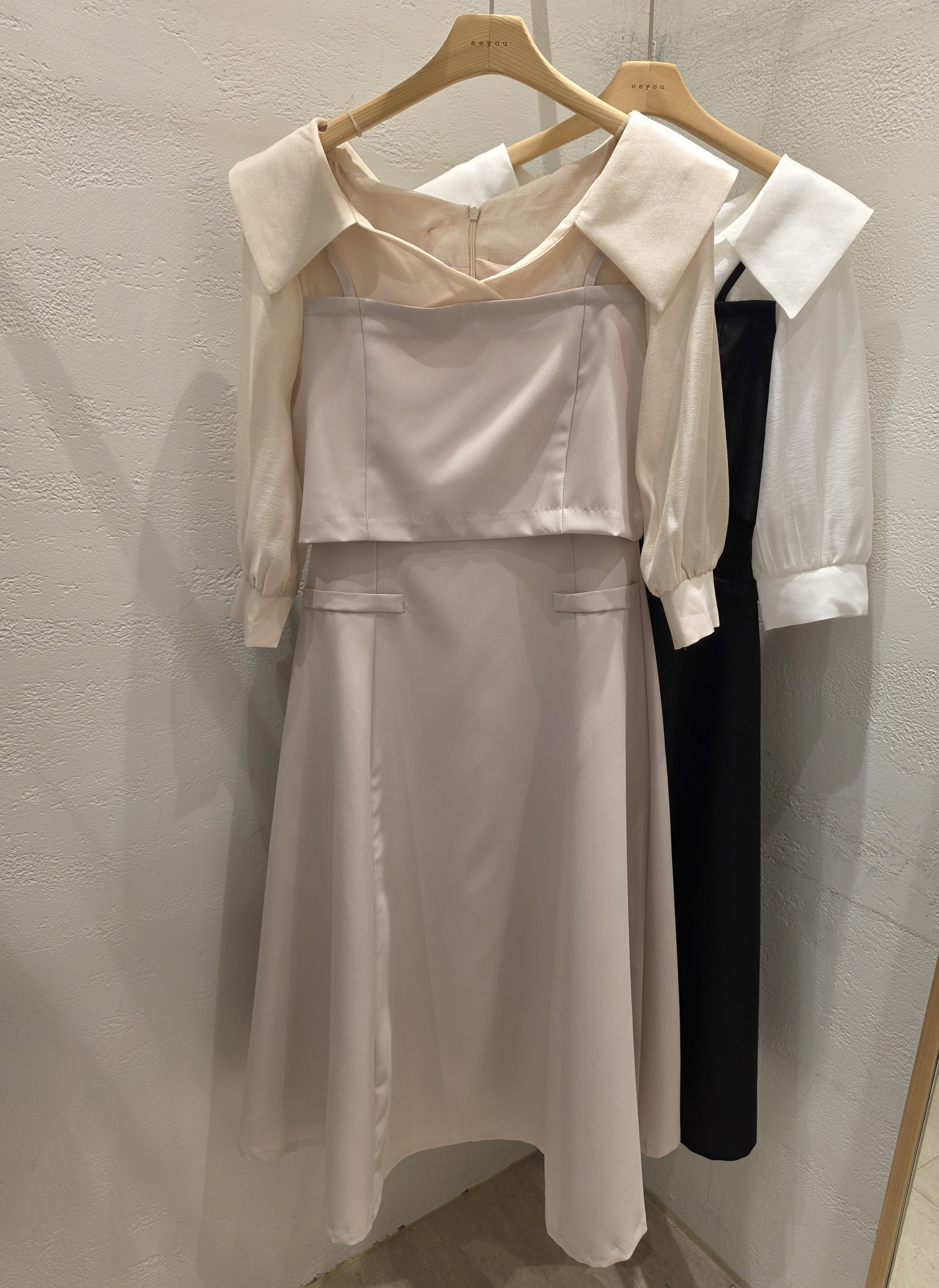 オープンカラーレイヤード風ロング7分袖フレアフェイクポケットワンピース | 詳細画像21