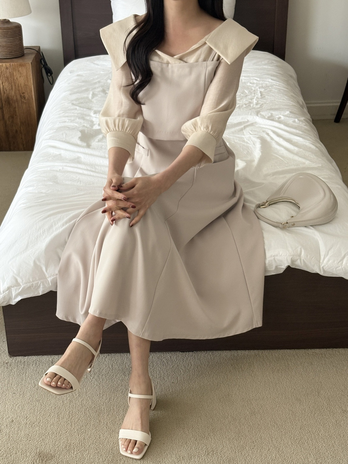 オープンカラーレイヤード風ロング7分袖フレアフェイクポケットワンピース | 詳細画像6