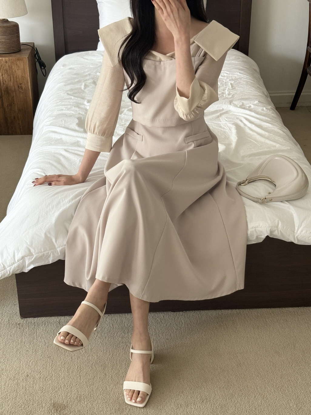 オープンカラーレイヤード風ロング7分袖フレアフェイクポケットワンピース | 詳細画像7