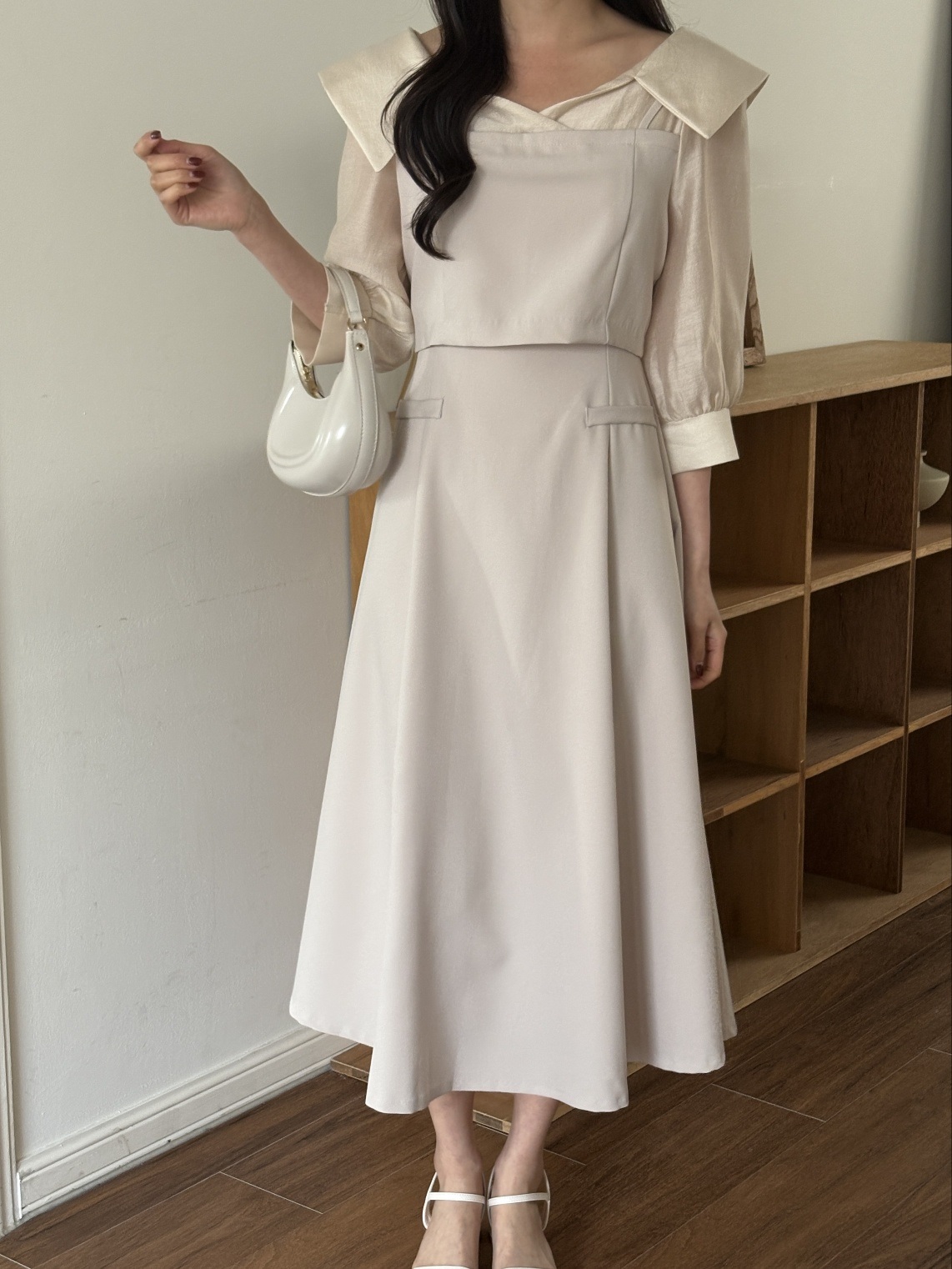 オープンカラーレイヤード風ロング7分袖フレアフェイクポケットワンピース | 詳細画像9