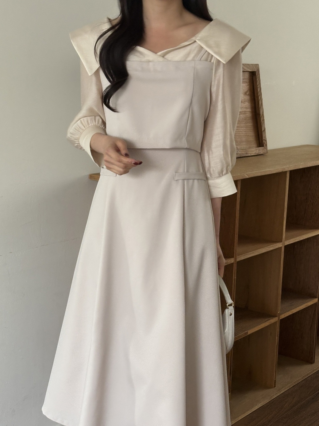 オープンカラーレイヤード風ロング7分袖フレアフェイクポケットワンピース | 詳細画像10