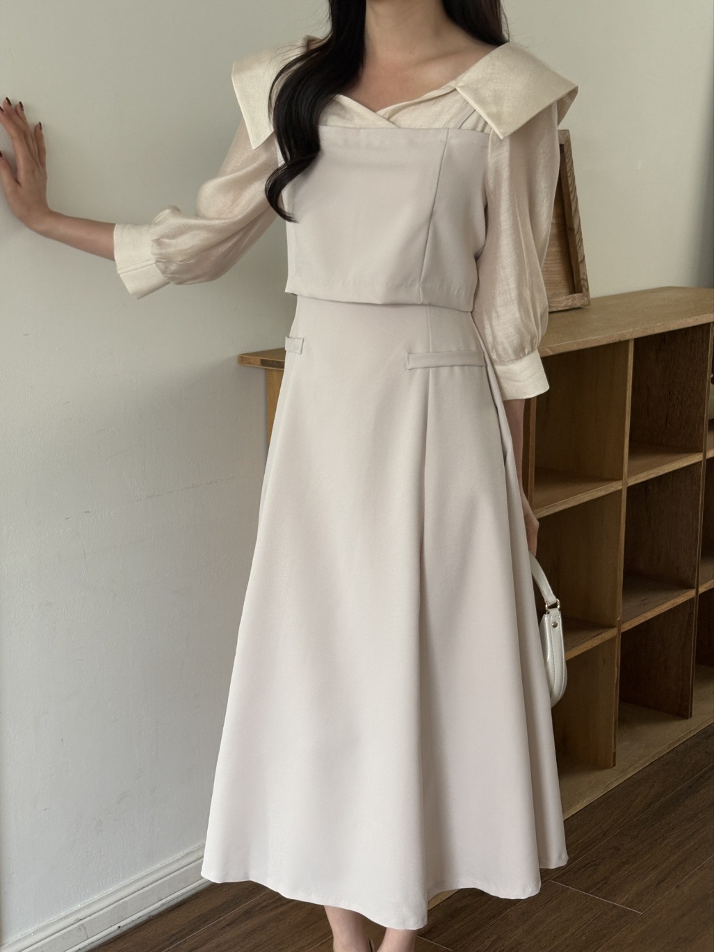 オープンカラーレイヤード風ロング7分袖フレアフェイクポケットワンピース | 詳細画像11