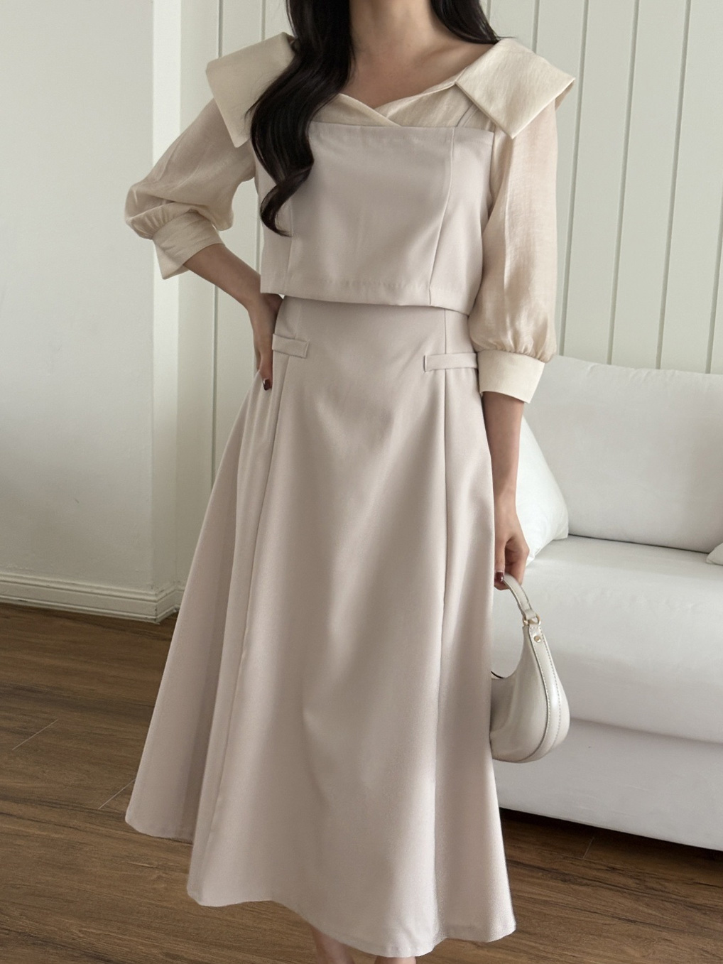 オープンカラーレイヤード風ロング7分袖フレアフェイクポケットワンピース | 詳細画像12