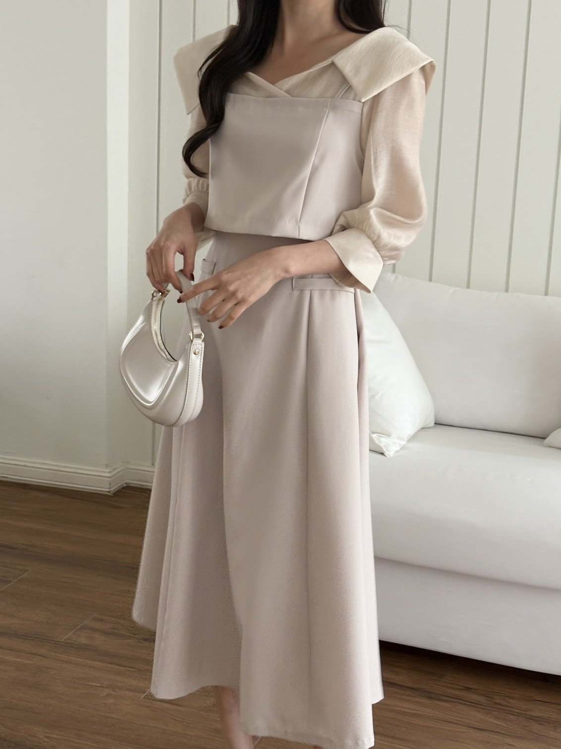 オープンカラーレイヤード風ロング7分袖フレアフェイクポケットワンピース | 詳細画像13