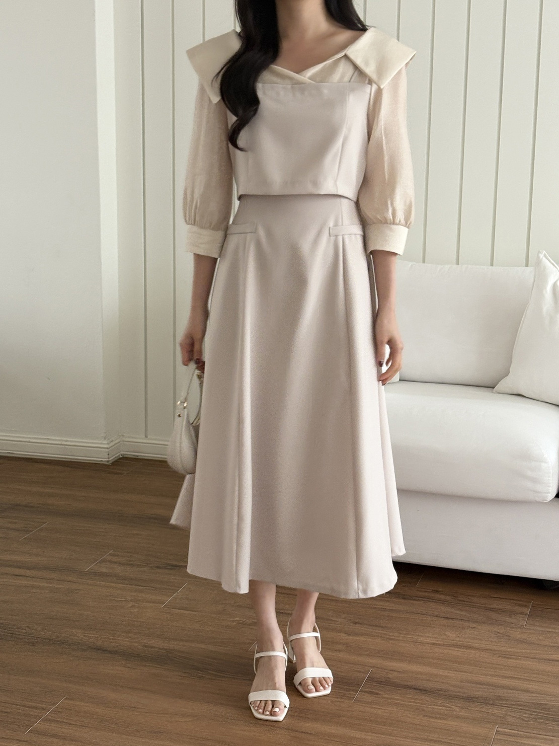 オープンカラーレイヤード風ロング7分袖フレアフェイクポケットワンピース | 詳細画像14