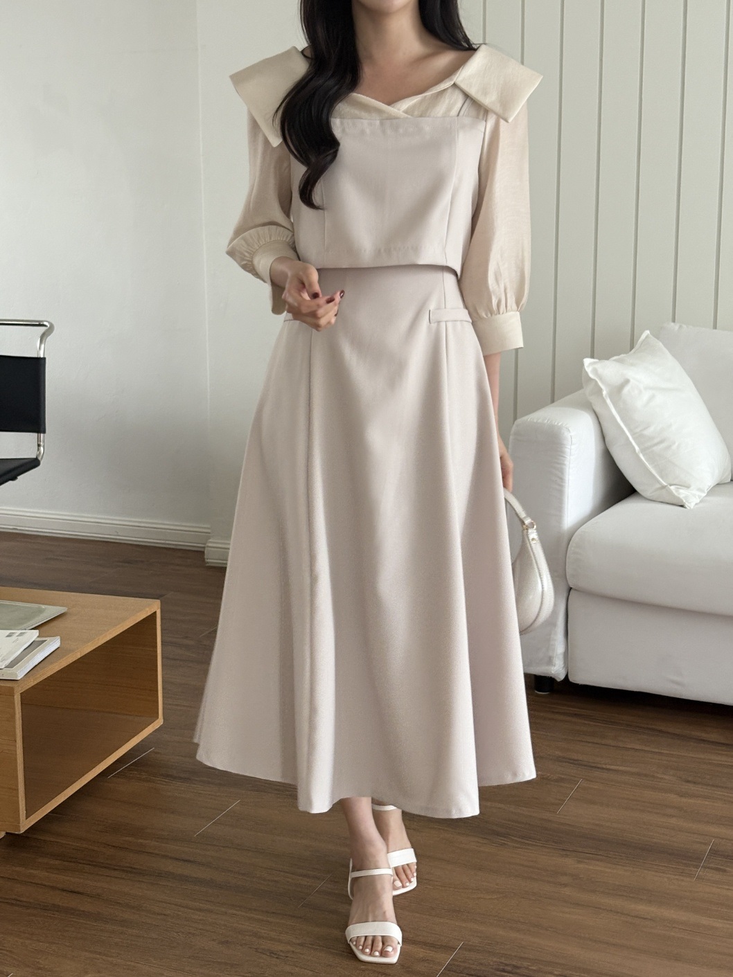 オープンカラーレイヤード風ロング7分袖フレアフェイクポケットワンピース | 詳細画像15