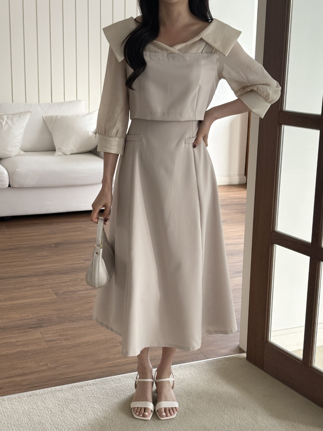 オープンカラーレイヤード風ロング7分袖フレアフェイクポケットワンピース | 詳細画像16