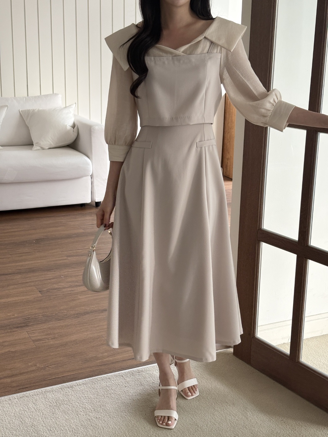 オープンカラーレイヤード風ロング7分袖フレアフェイクポケットワンピース | 詳細画像17