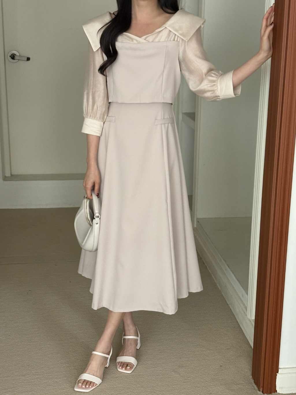 オープンカラーレイヤード風ロング7分袖フレアフェイクポケットワンピース | 詳細画像19