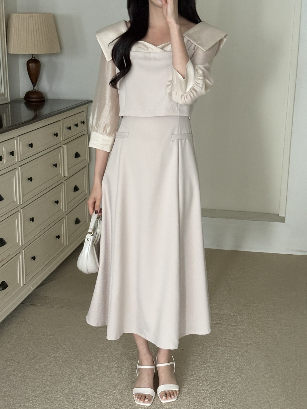 オープンカラーレイヤード風ロング7分袖フレアフェイクポケットワンピース | 詳細画像20