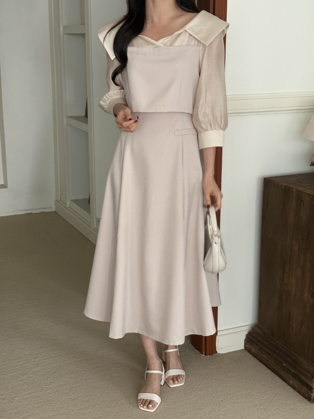 オープンカラーレイヤード風ロング7分袖フレアフェイクポケットワンピース | 詳細画像18