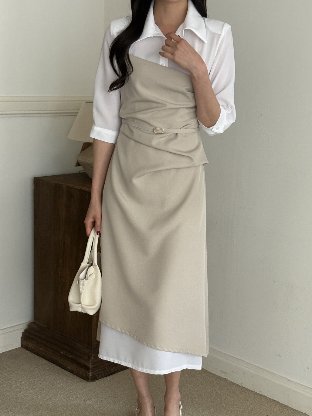 ベルトドレープカラースリット肩パッドレイヤード風ロング7分袖ギャザーワンピース | 詳細画像3