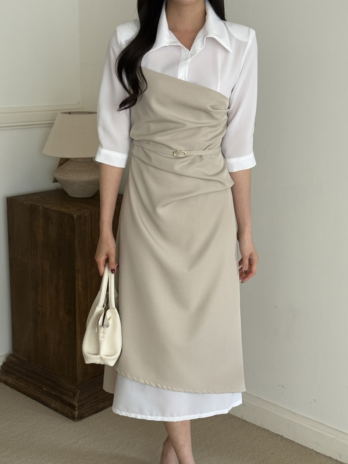 ベルトドレープカラースリット肩パッドレイヤード風ロング7分袖ギャザーワンピース | 詳細画像4