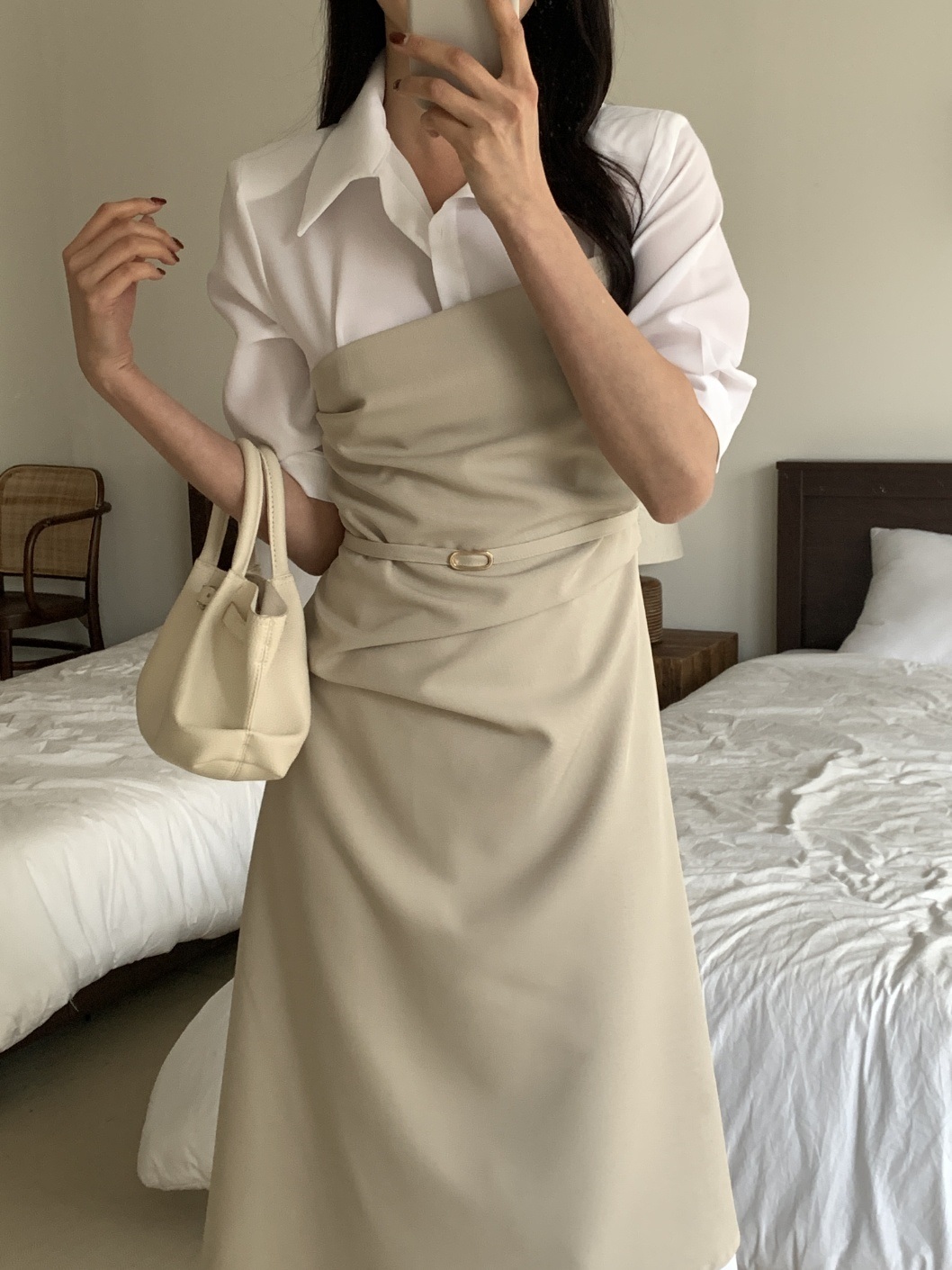 ベルトドレープカラースリット肩パッドレイヤード風ロング7分袖ギャザーワンピース | 詳細画像5