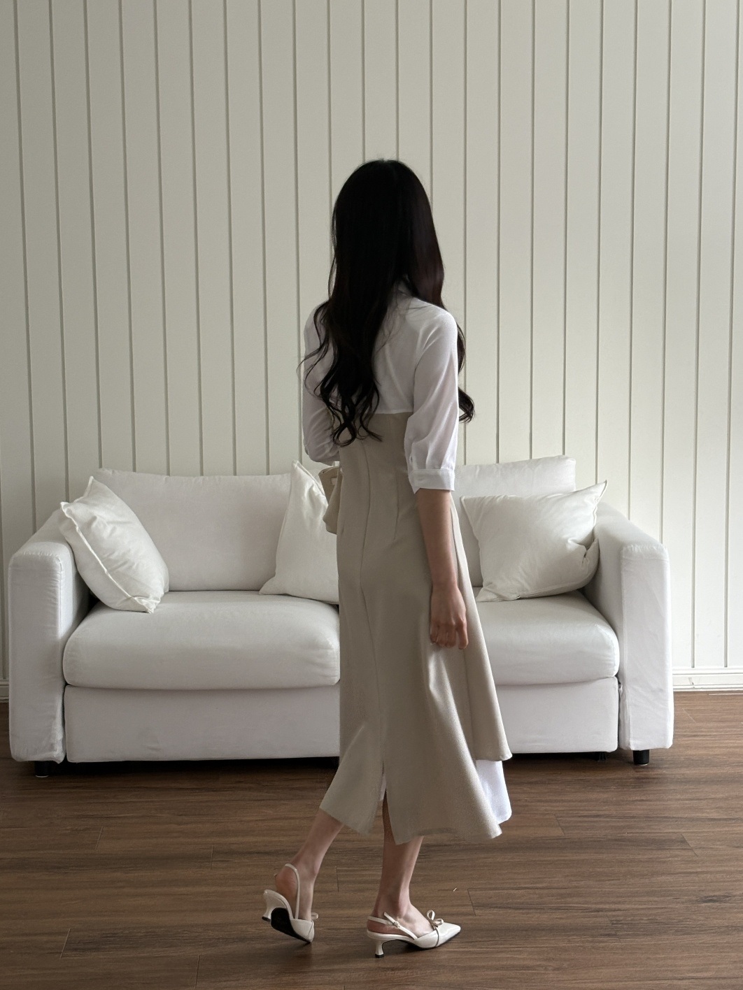 ベルトドレープカラースリット肩パッドレイヤード風ロング7分袖ギャザーワンピース | 詳細画像7