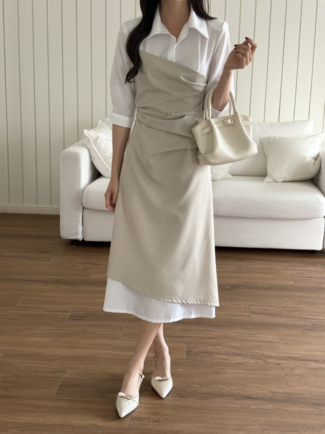 ベルトドレープカラースリット肩パッドレイヤード風ロング7分袖ギャザーワンピース | 詳細画像8