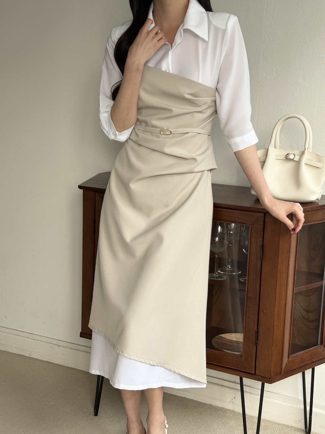 ベルトドレープカラースリット肩パッドレイヤード風ロング7分袖ギャザーワンピース | 詳細画像11