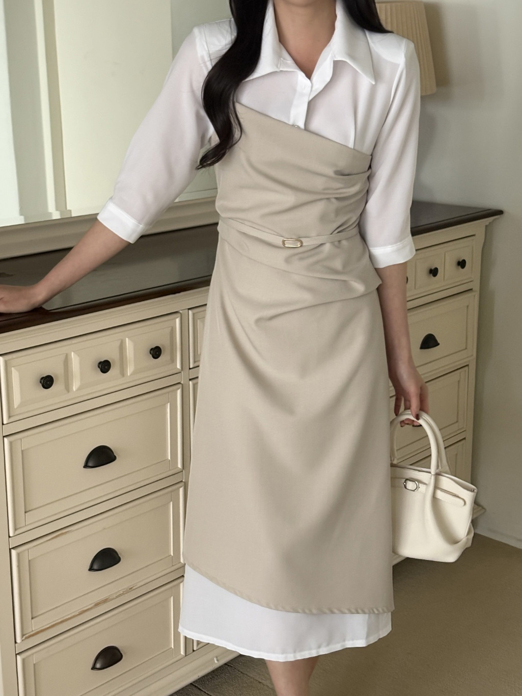 ベルトドレープカラースリット肩パッドレイヤード風ロング7分袖ギャザーワンピース | 詳細画像16