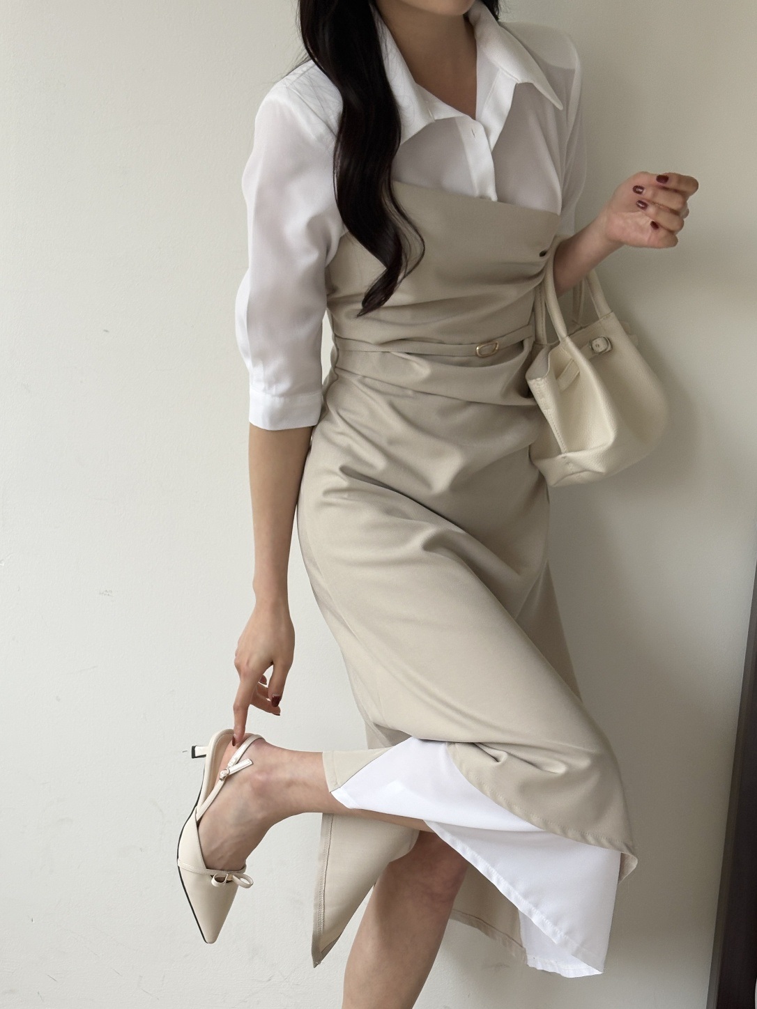 ベルトドレープカラースリット肩パッドレイヤード風ロング7分袖ギャザーワンピース | 詳細画像12