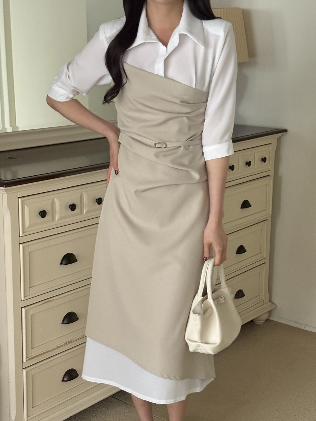 ベルトドレープカラースリット肩パッドレイヤード風ロング7分袖ギャザーワンピース | 詳細画像13