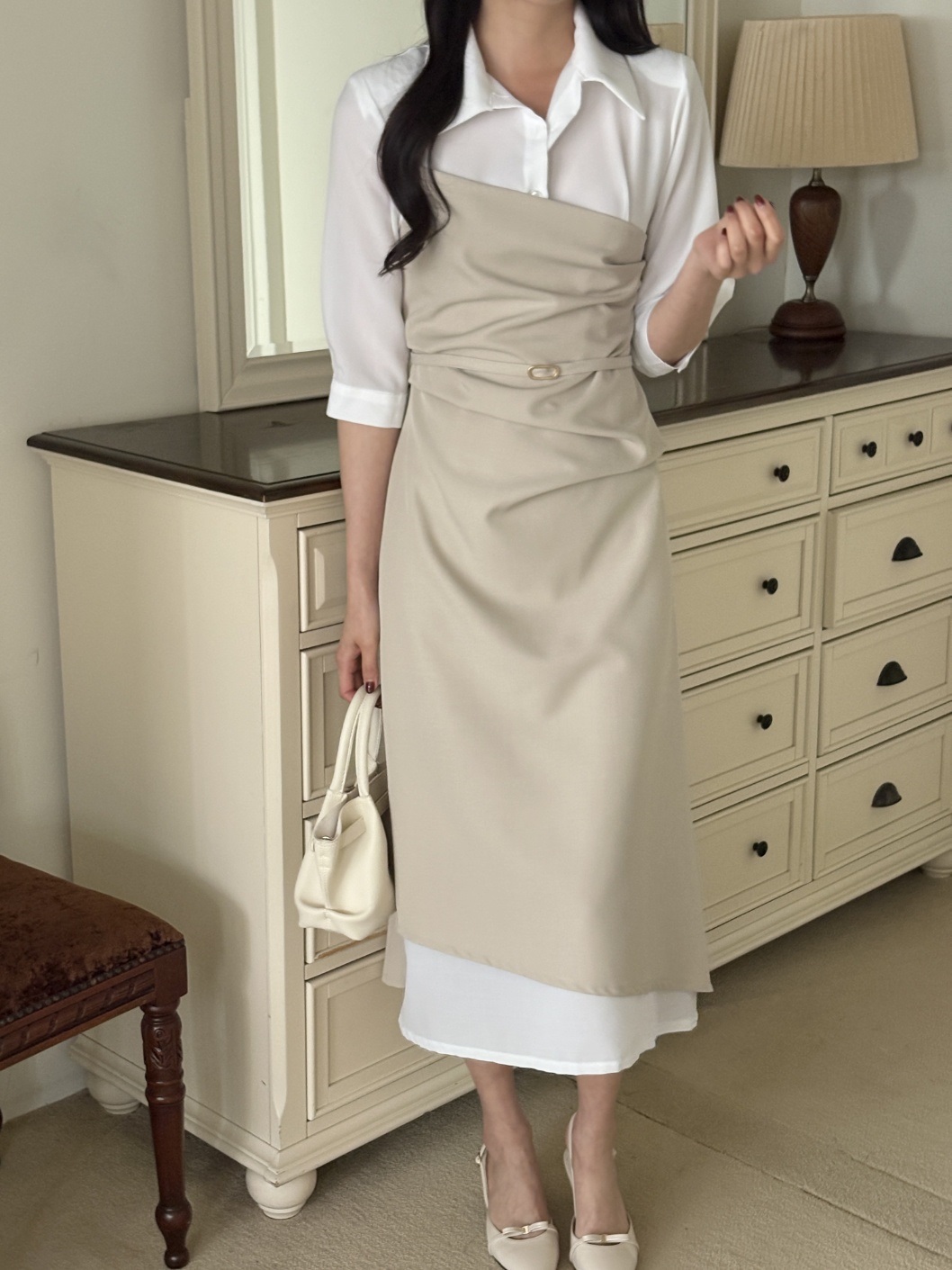 ベルトドレープカラースリット肩パッドレイヤード風ロング7分袖ギャザーワンピース | 詳細画像15