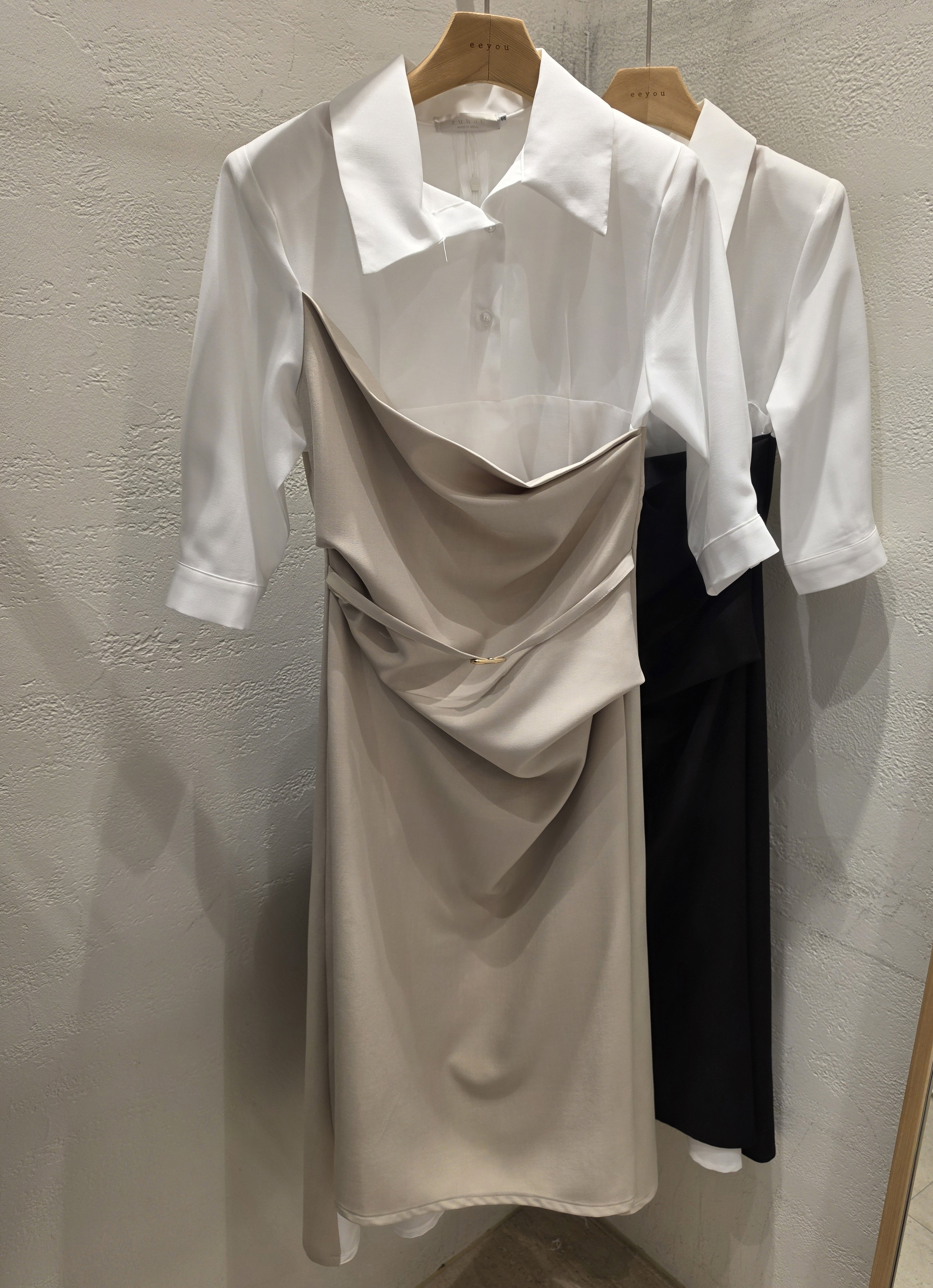 ベルトドレープカラースリット肩パッドレイヤード風ロング7分袖ギャザーワンピース | 詳細画像18