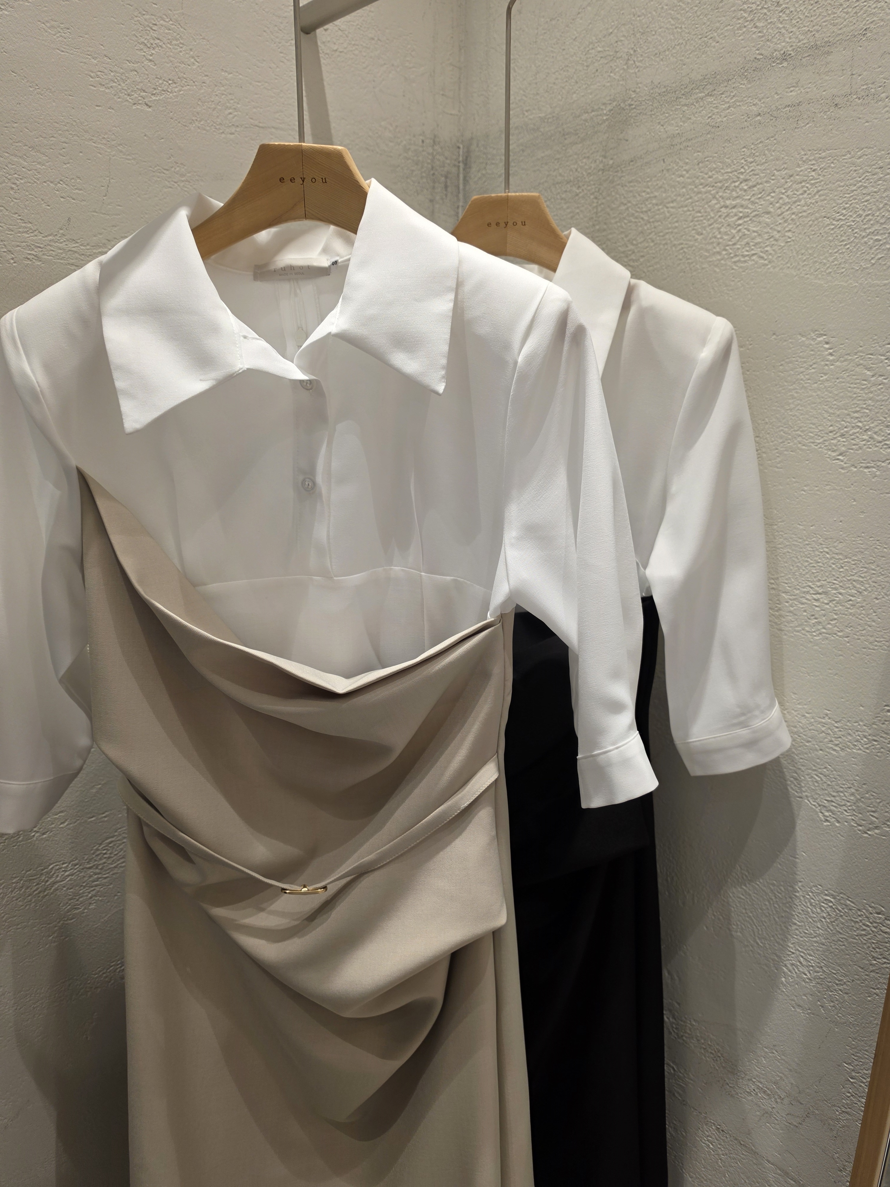 ベルトドレープカラースリット肩パッドレイヤード風ロング7分袖ギャザーワンピース | 詳細画像19