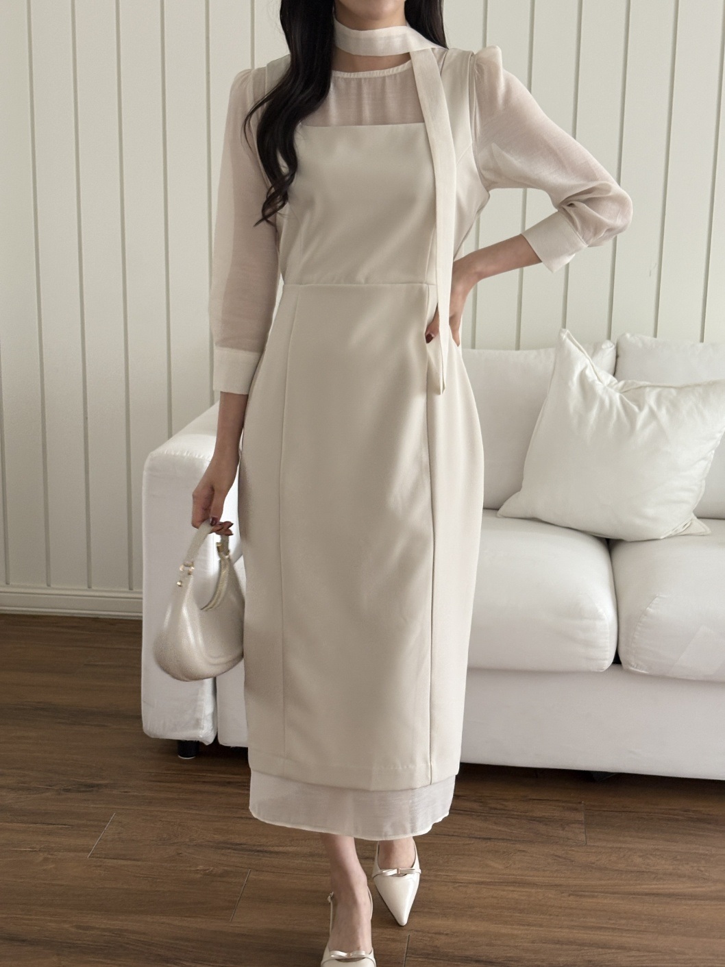 スリットレイヤード風ロング長袖ワンピースストラップ付 | 詳細画像13