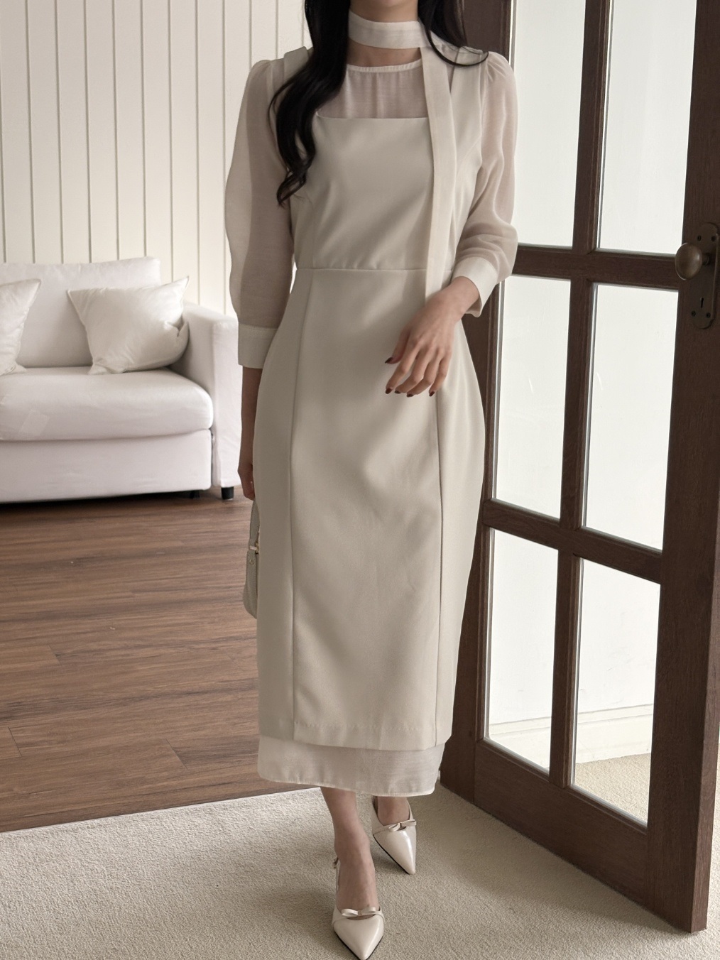 スリットレイヤード風ロング長袖ワンピースストラップ付 | 詳細画像16