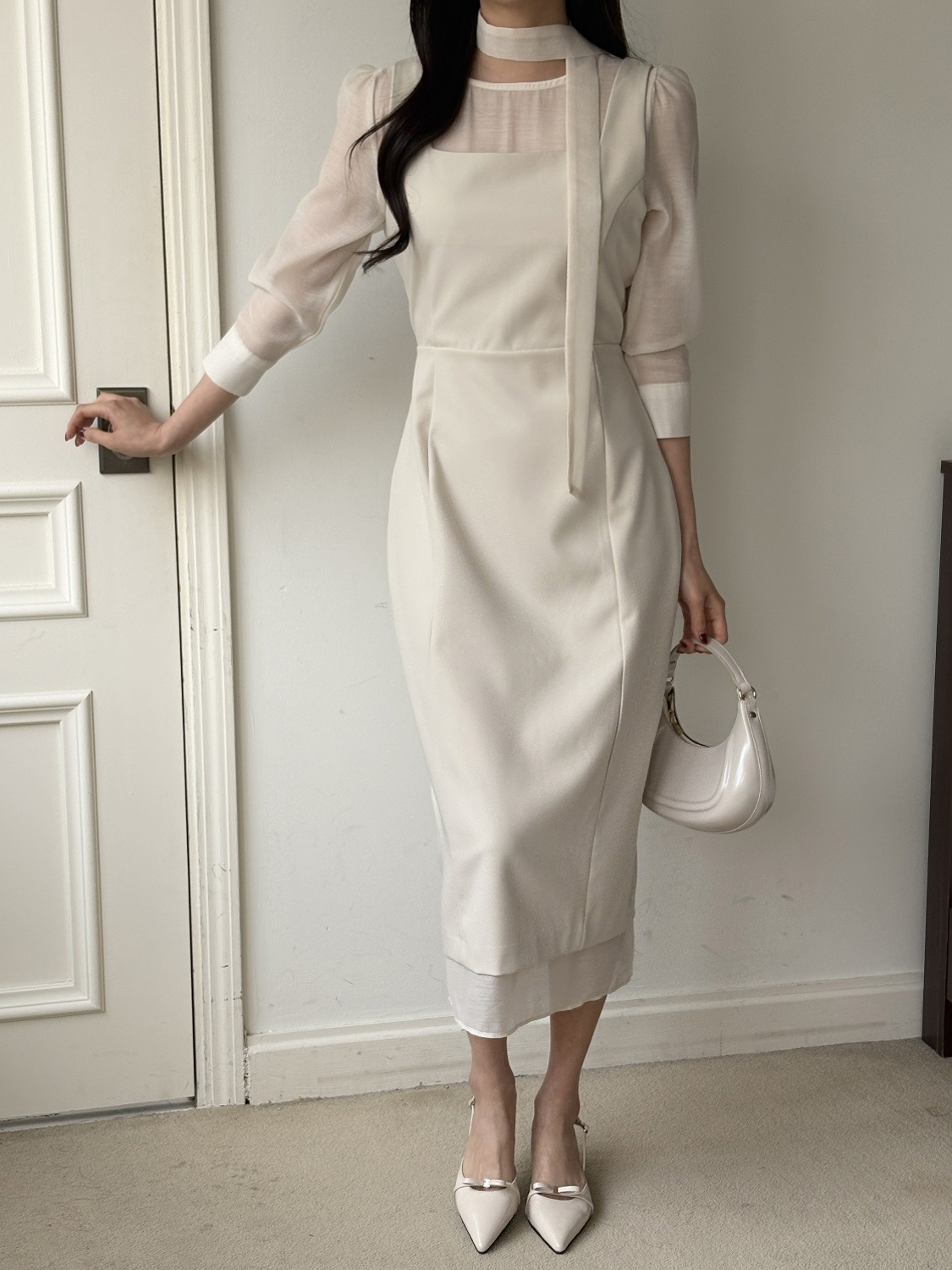 スリットレイヤード風ロング長袖ワンピースストラップ付 | 詳細画像23