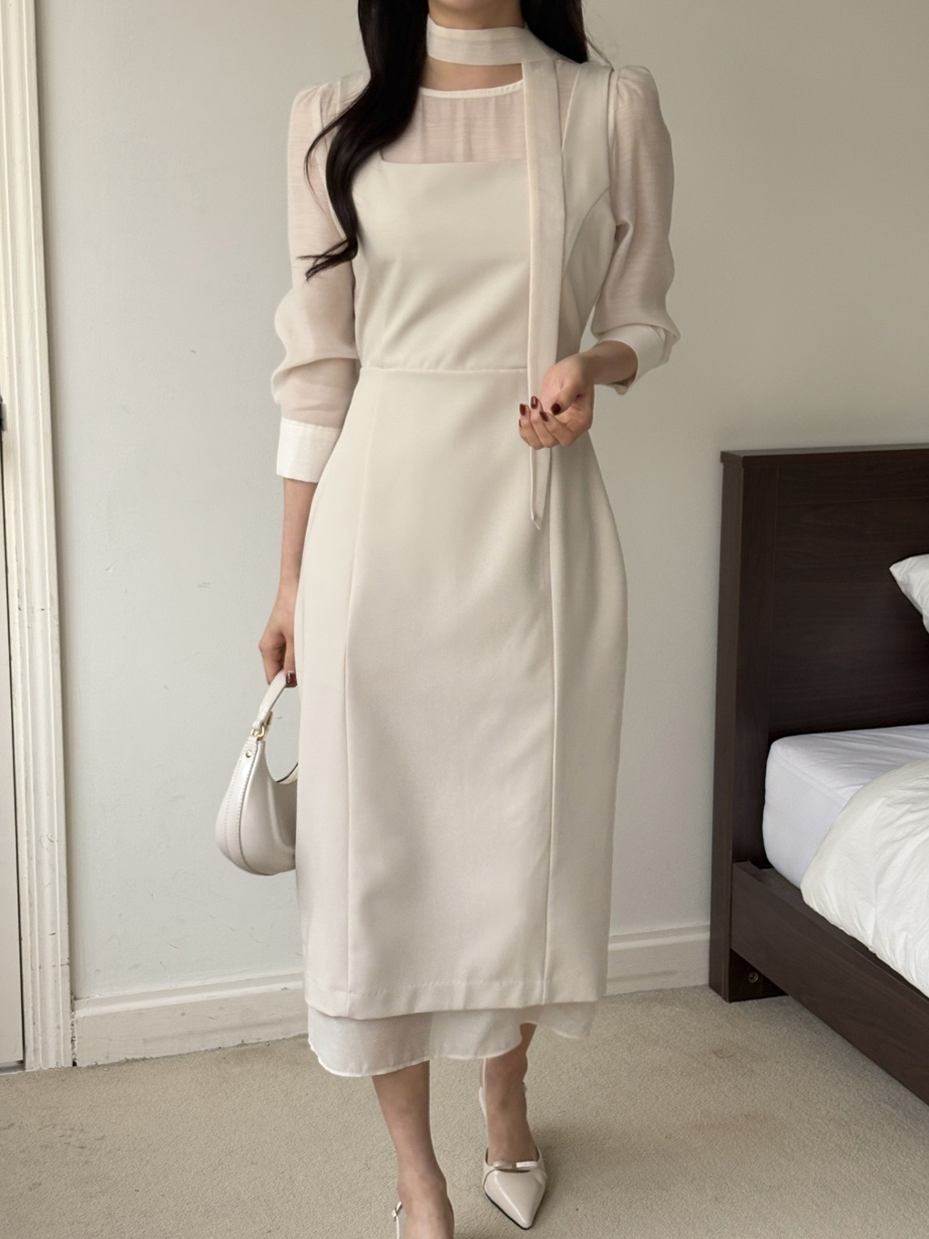 スリットレイヤード風ロング長袖ワンピースストラップ付 | 詳細画像24