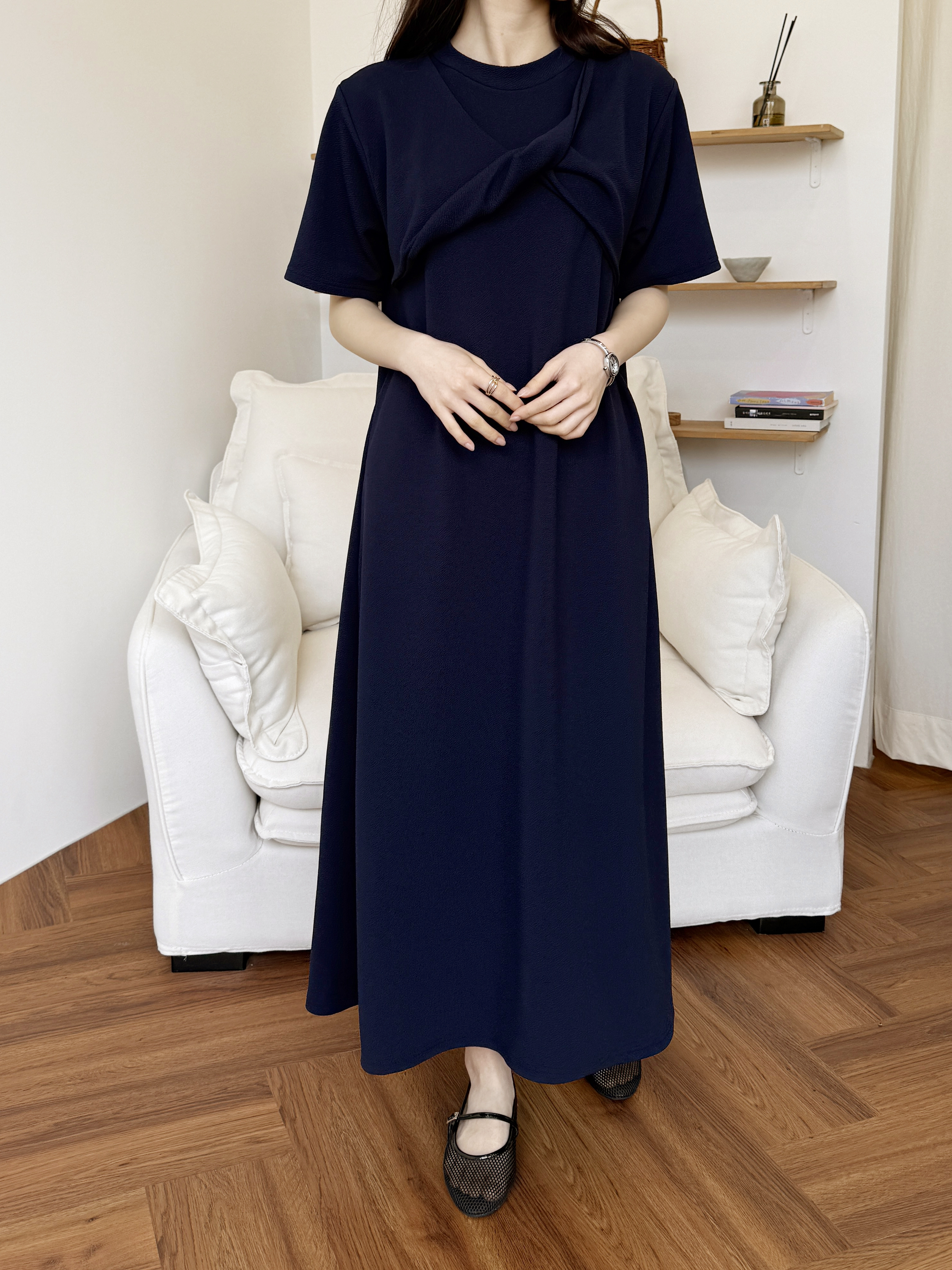 ラウンドネックロングツイスト半袖ワンピース | 詳細画像9