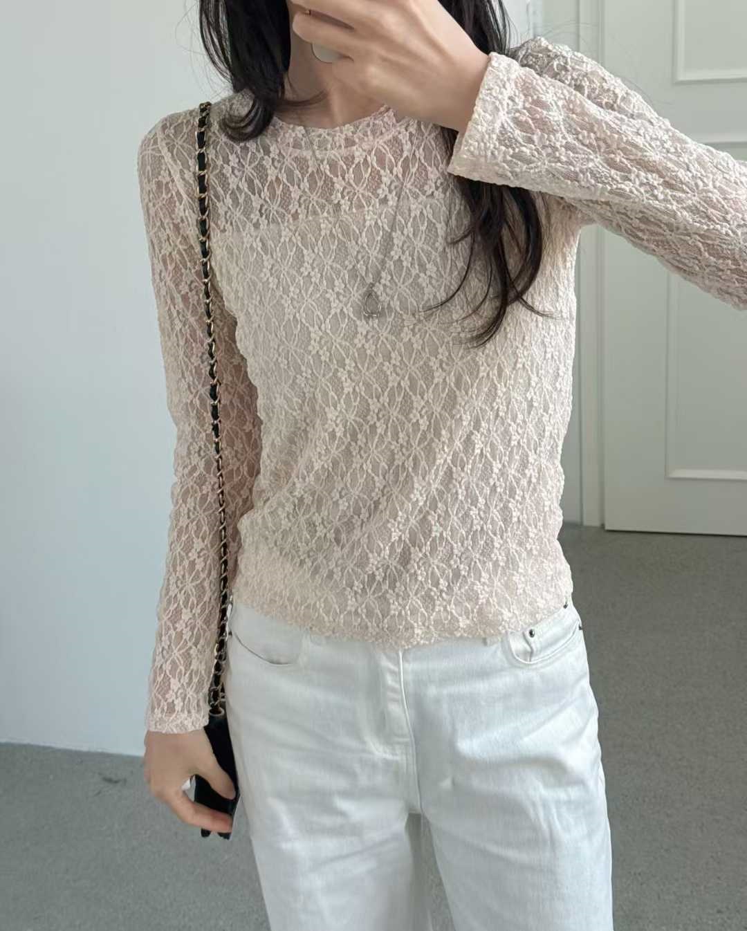 レースラウンドネック長袖Tシャツ | 詳細画像4