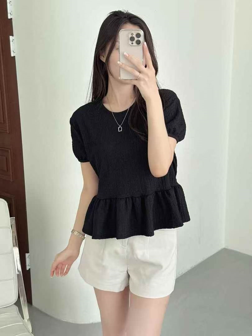 ラウンドネックフリルパフスリーブ半袖ギャザーバックリボンブラウス | 詳細画像2