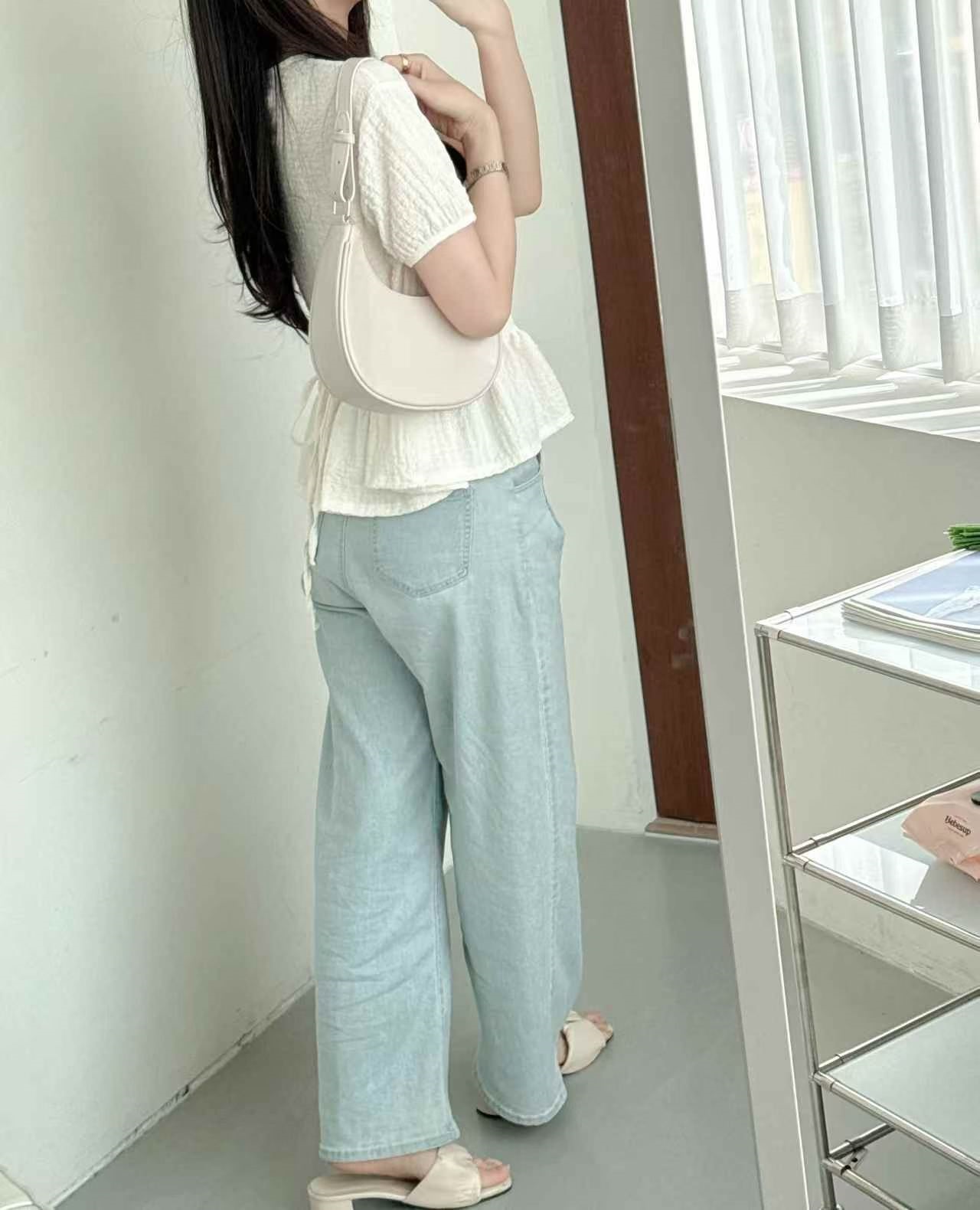 ラウンドネックフリルパフスリーブ半袖ギャザーバックリボンブラウス | 詳細画像3