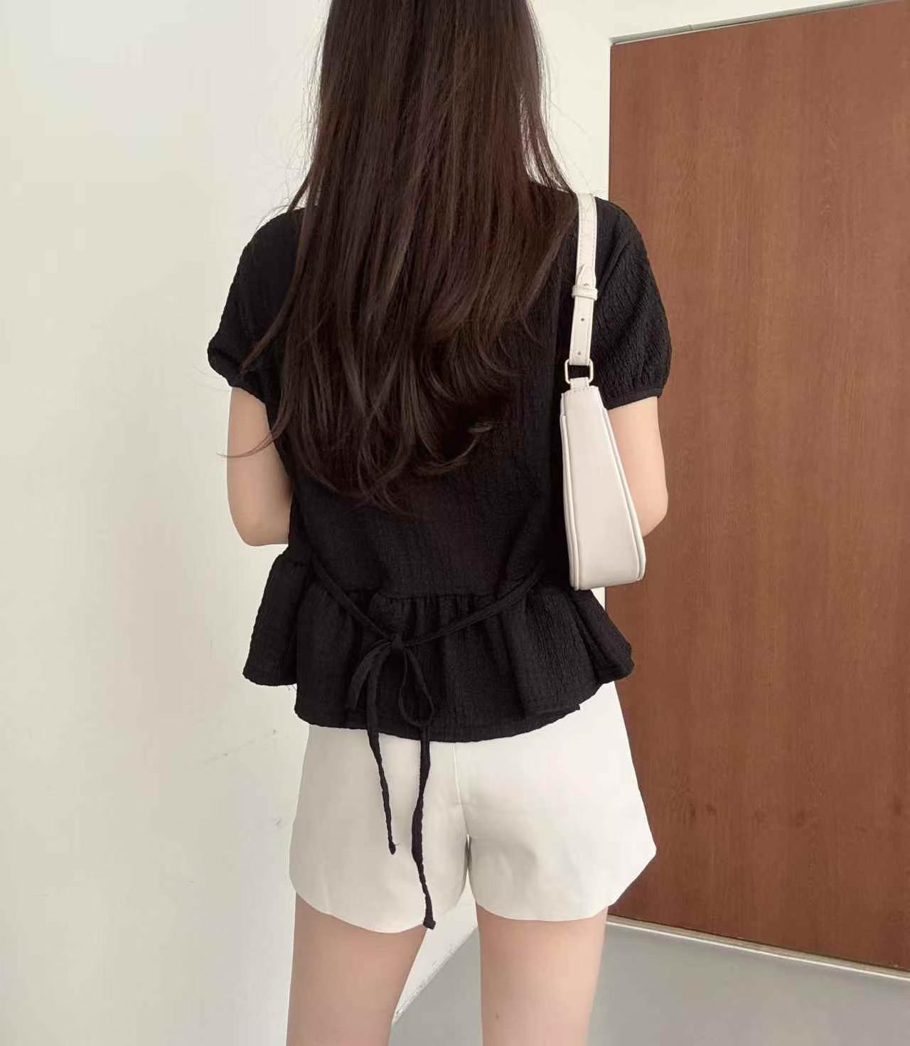 ラウンドネックフリルパフスリーブ半袖ギャザーバックリボンブラウス | 詳細画像4