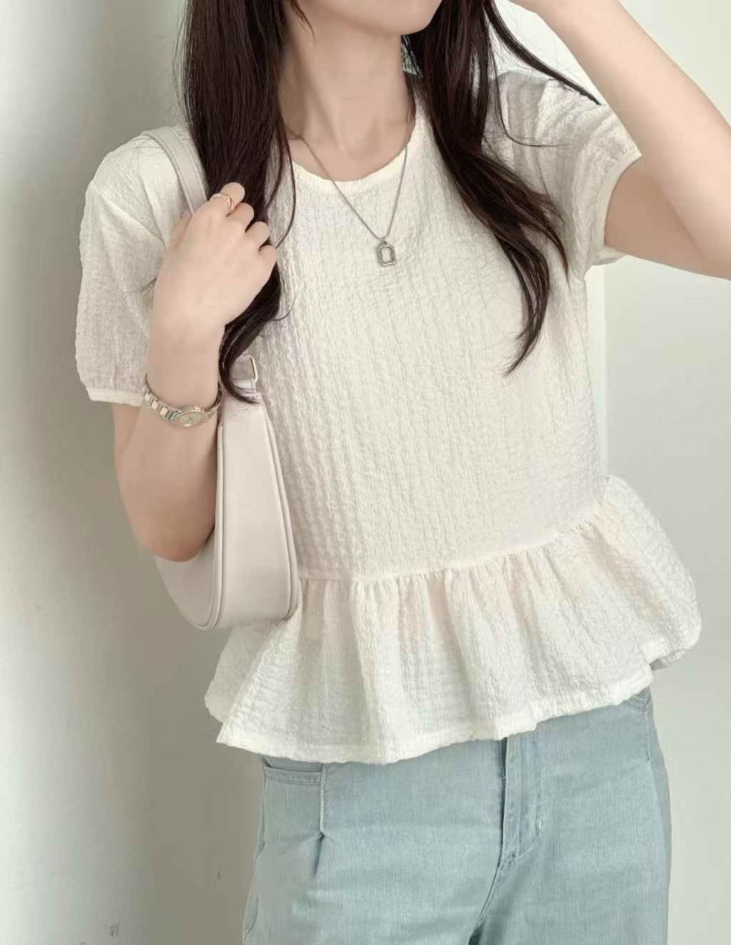 ラウンドネックフリルパフスリーブ半袖ギャザーバックリボンブラウス | 詳細画像5